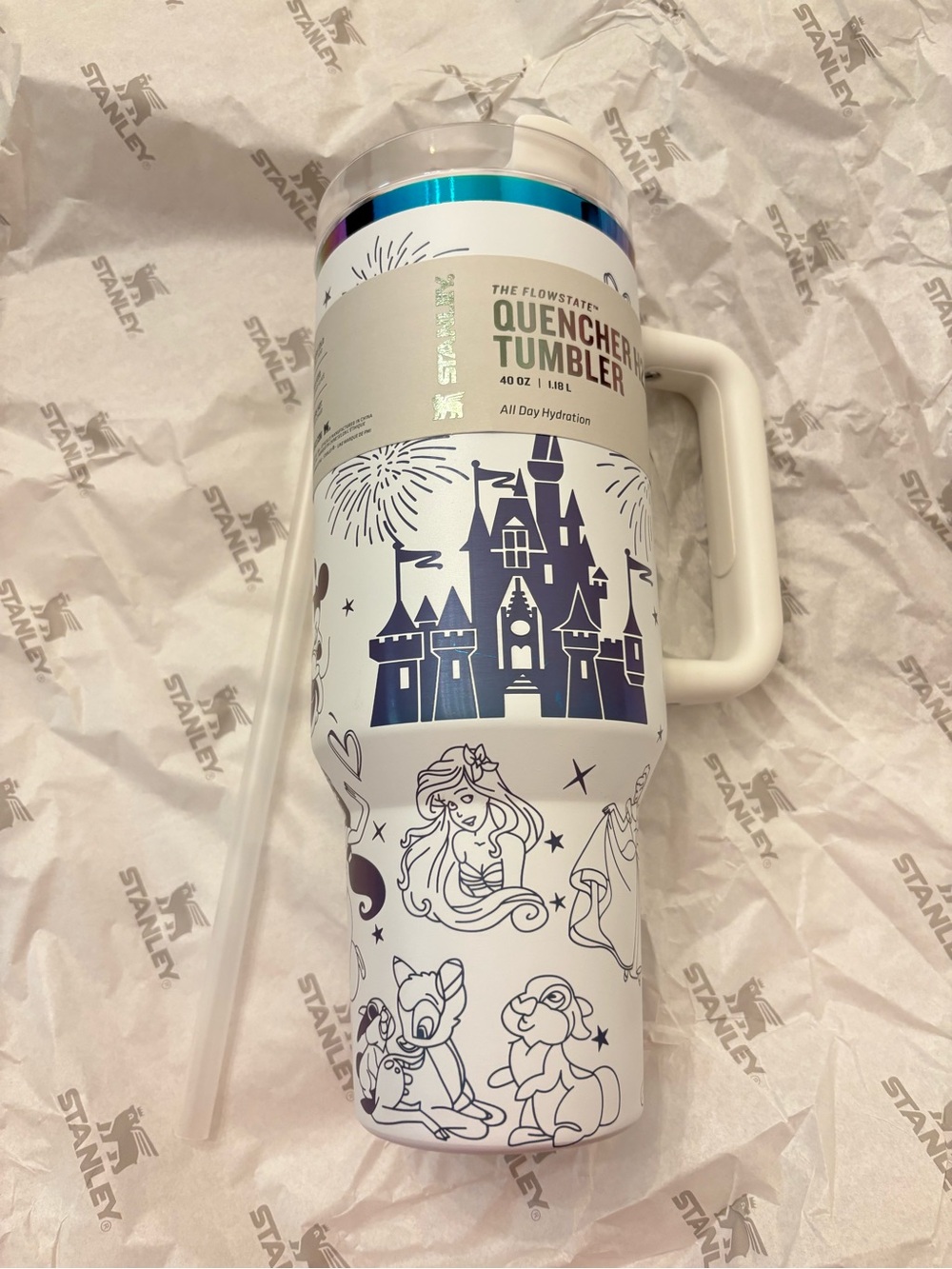 Stanley White Quencher Tumbler with Navy Castle & Character Artwork